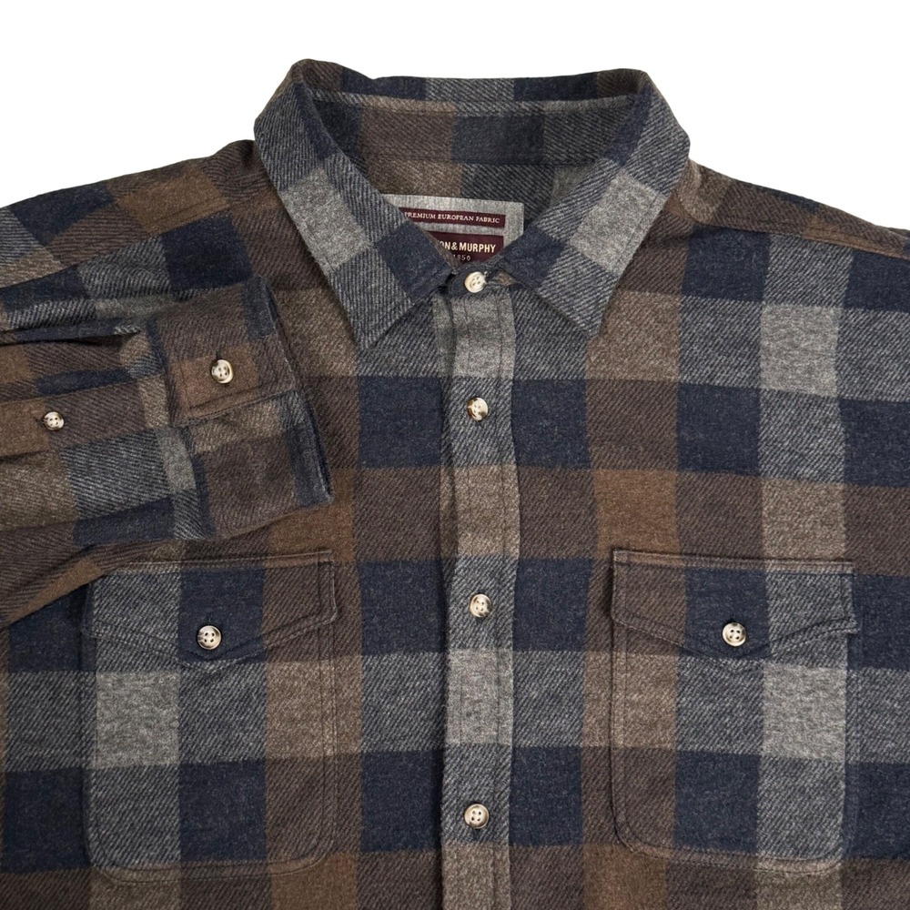 Johnston & Murphy Mens‎ XXL Brushed Button Front Knit Shirt Plaid Brown Navy